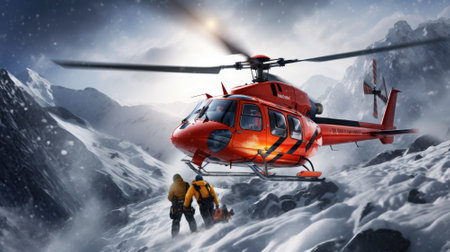 Rescue operation in the mountains. Mountain rescuers landed from a helicopter in the mountains.の素材