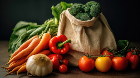 Fresh homemade vegetables on the table in a canvas bag.の素材