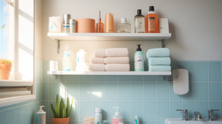 A first aid kit on the wall in a bright bathroomの素材