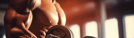 A man works out in the gym, close-up of a dumbbell and muscles. Banner.の素材