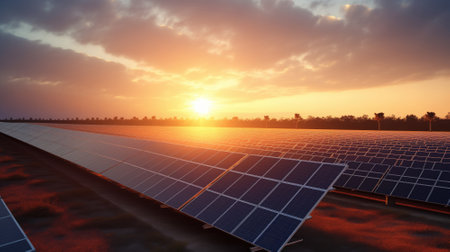 Solar power plant panels at sunset.の素材