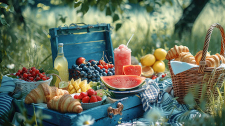 A picnic in nature in a blue wooden box fruit lemonade. Croissants in the middle in a large plate, and a large wicker basketの素材