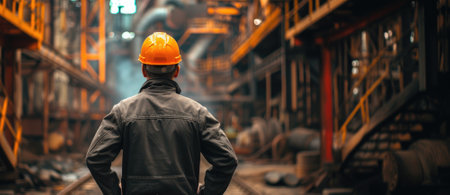 Industrial worker with a hard hat and jacket stand with his back in the metallurgical plantの素材