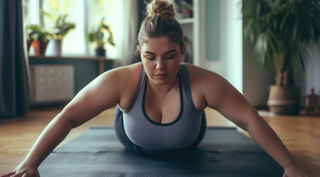 A plump young woman is exercising at home in the living room on a mat. Training at homeの素材