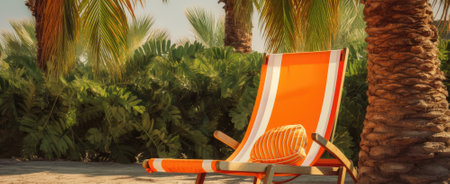 Summer vacation theme. Palm tree, sunbed, beach vacation concept.の素材