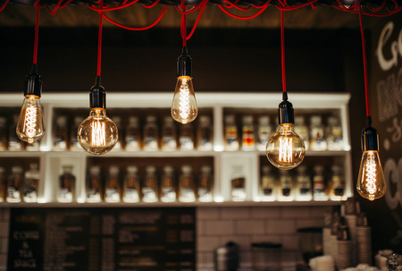 Light bulbs, vintage light bulb cafe, festive style,background imageの写真素材