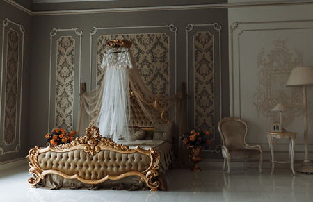 wedding jewelry, dress, room, bed background image advertising text insertionの写真素材
