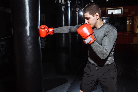 Boxer hits a speed bag in the gymの写真素材