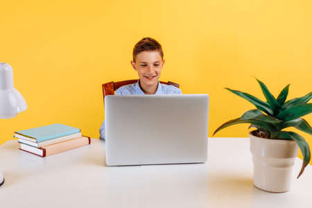 schoolboy boy sits at home at a Desk, uses a laptop and learns via video link, on a yellow background. Online lessons for children. distance education for childrenの写真素材