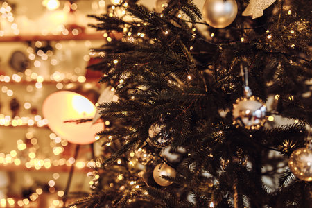 Christmas tree decorated with shiny balls and ornaments, Merry Christmas and Happy New Yearの写真素材