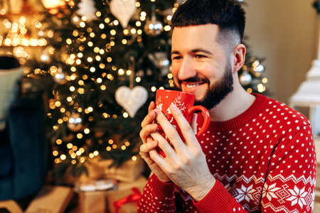 Handsome young man in a Christmas sweater, drinking coffee or tea, sitting at home near the Christmas tree, Christmasの写真素材