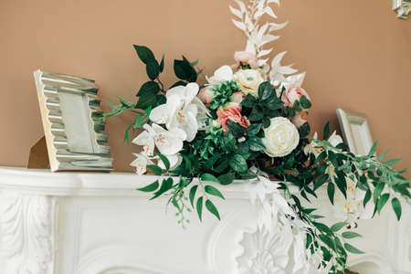 Designer composition of interior in studio, flower bed, plants and elegant accessories, Modern home decorの写真素材