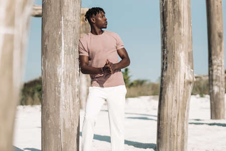 Handsome fashionable muscular African American man, in casual clothes, posing looking to the side,...
