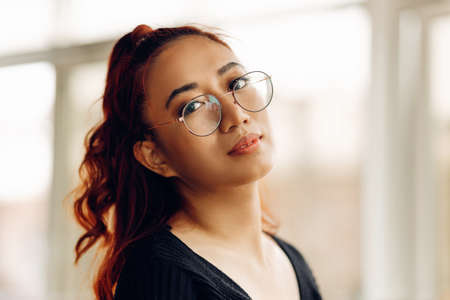 Beautiful smiling asian woman, wearing glasses, posing smiling and looking at camera, happy asian...
