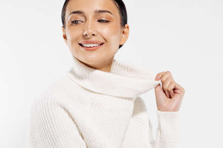 Beauty portrait of a girl with clean healthy skin on a white background, beautiful girl with perfect...