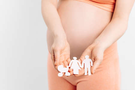 Pregnant woman with big belly, hands holding paper family cutout isolated on white background....