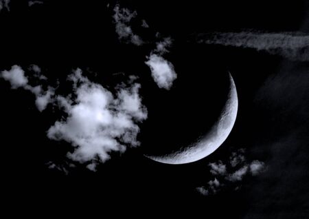 The moon in the night sky in clouds 3D illustrationの写真素材