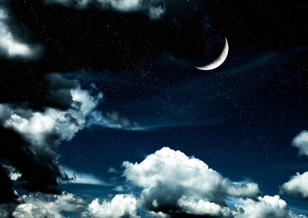 The moon in the night sky in clouds 3D illustrationの写真素材
