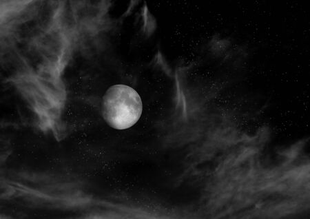 The moon in the night sky in clouds 3D illustration