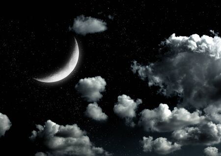 The moon in the night sky in clouds 3D illustrationの写真素材