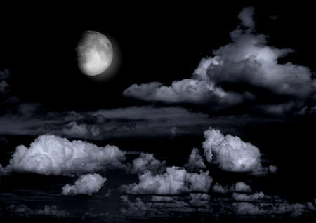 The moon in the night sky in clouds 3D illustrationの写真素材