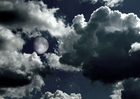 The moon in the night sky in clouds. 3D rendering
