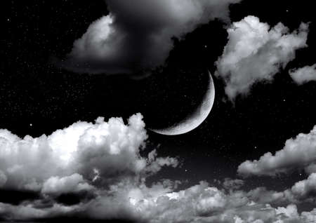 The moon in the night sky in clouds 3D illustrationの写真素材