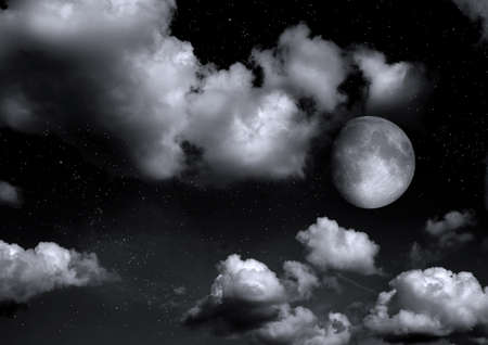 The moon in the night sky in clouds 3D illustrationの写真素材