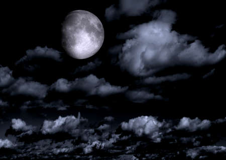 The moon in the night sky in clouds 3D illustrationの写真素材