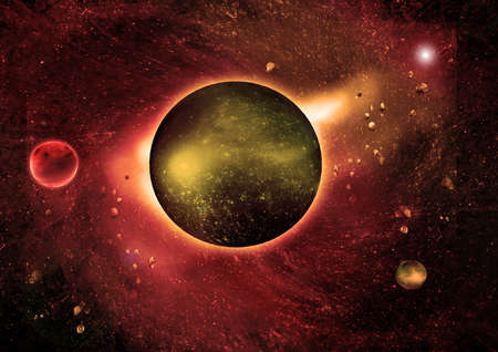 Stars of a planet and galaxy in a free space 3D renderingの写真素材