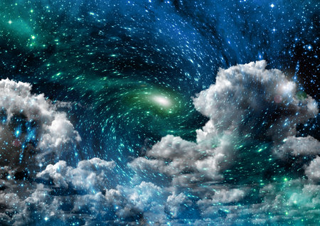 Stars of a planet and galaxy in a free space  . 3D renderingの写真素材