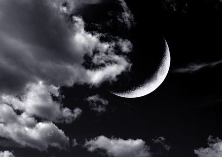 The moon in the night sky in clouds 3D illustrationの写真素材