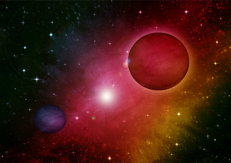 Stars of a planet and galaxy in a free space  3D renderingの写真素材