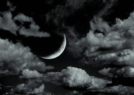 The moon in the night sky in clouds 3D illustrationの写真素材