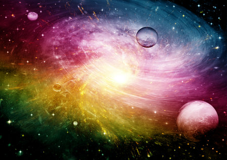 Stars of a planet and galaxy in a free space . 3D renderingの写真素材