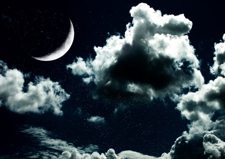 The moon in the night sky in clouds 3D illustrationの写真素材