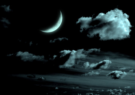 The moon in the night sky in clouds 3D illustrationの写真素材