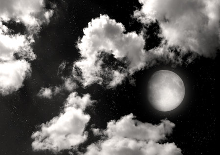 The moon in the night sky in clouds 3D illustrationの写真素材
