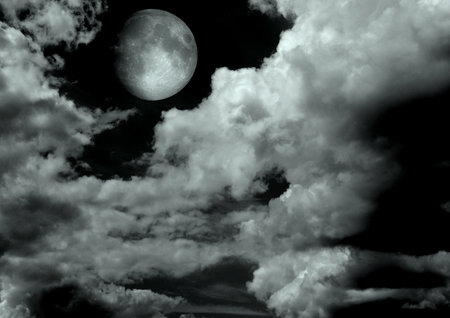 The moon in the night sky in clouds 3D illustrationの写真素材
