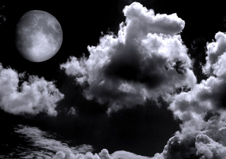 The moon in the night sky in clouds 3D illustrationの写真素材
