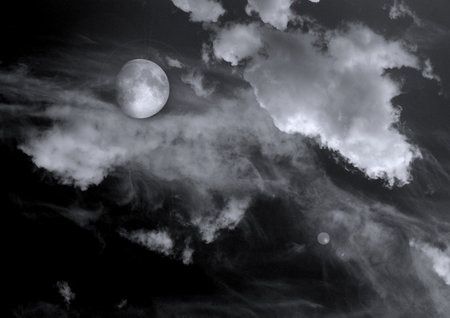 The moon in the night sky in clouds 3D illustrationの写真素材