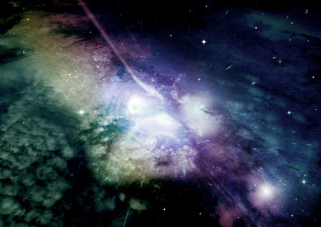 Stars of a planet and galaxy in a free space   3D renderingの写真素材