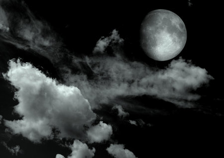 The moon in the night sky in clouds 3D illustrationの写真素材