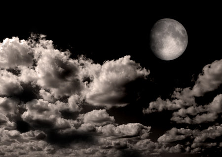 The moon in the night sky in clouds 3D illustrationの写真素材