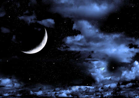 The moon in the night sky in clouds 3D illustrationの写真素材