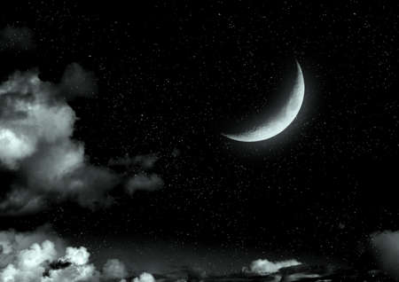The moon in the night sky in clouds 3D illustrationの写真素材