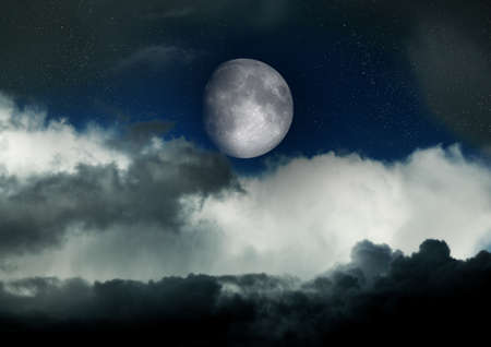 The moon in the night sky in clouds 3D illustrationの写真素材