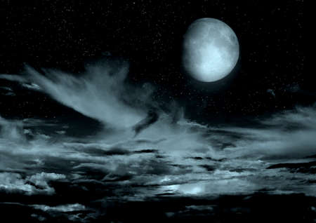 The moon in the night sky in clouds 3D illustrationの写真素材