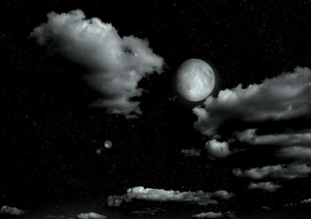 The moon in the night sky in clouds 3D illustrationの写真素材