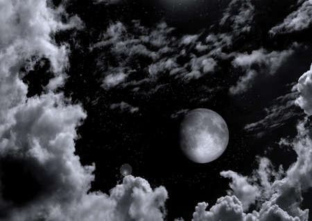 The moon in the night sky in clouds 3D illustrationの写真素材